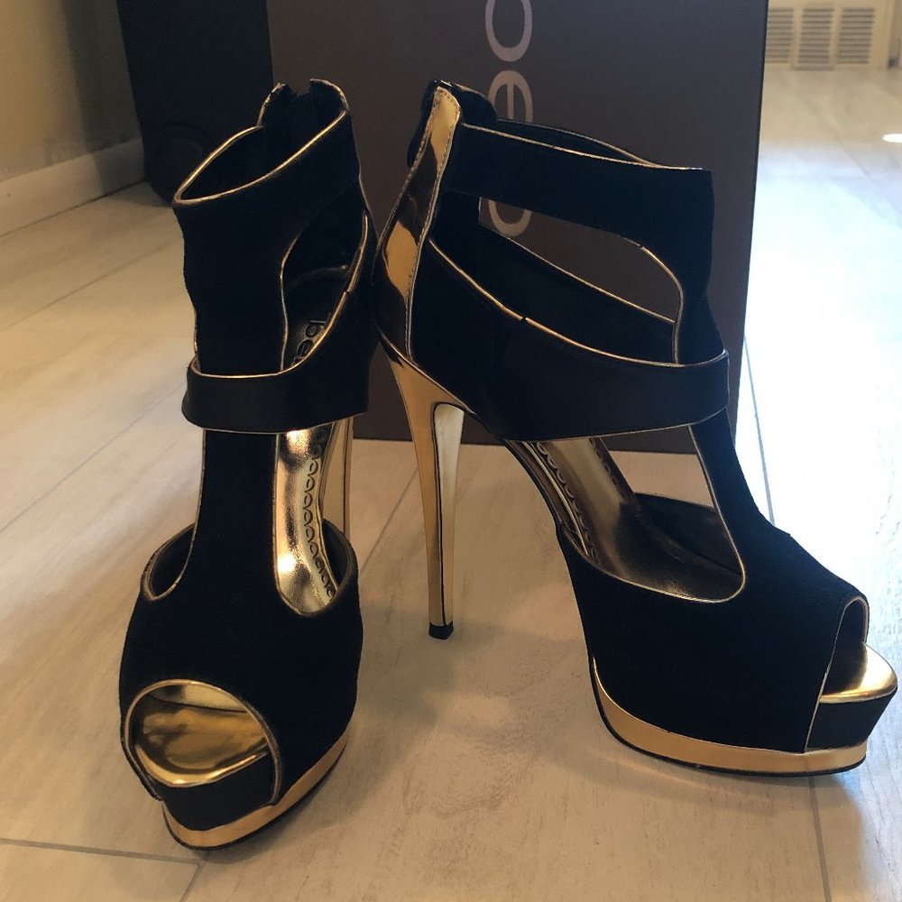 Black Satin & Metallic Gold Platform Sandals